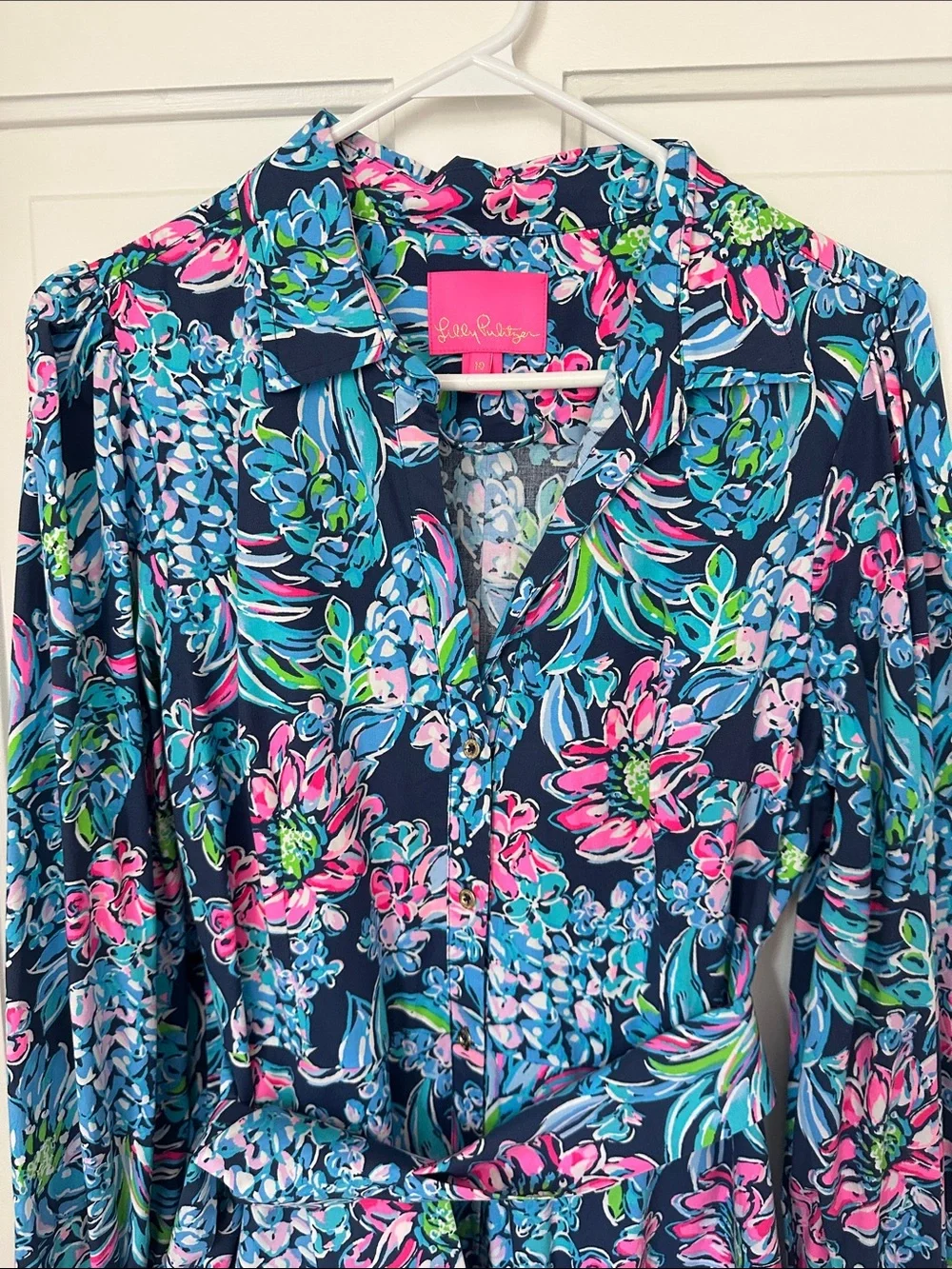 Lilly Pulitzer Navy Floral Maxi Wrap Dress with Pink & Aqua Accents, Size 10